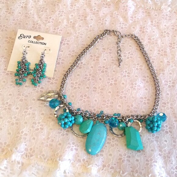 Vintage NEW Euro Collection Handmade Teal Blue Beads Silver Tone Necklace - Picture 2 of 8